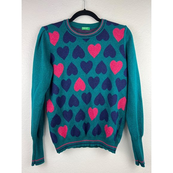 United Colors Of Benetton Sweaters - UNITED COLORS OF BENETTON Green Heart Sweater, Glittery Lurex Knit, Size Small